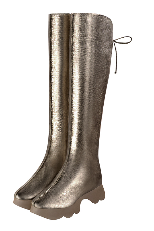 Bronze beige women's knee-high boots, with laces at the back. Round toe. Low rubber soles. Made to measure. Front view - Florence KOOIJMAN